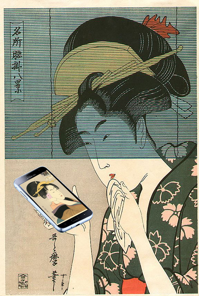 Utamaro Girl Face Timing on Phone.